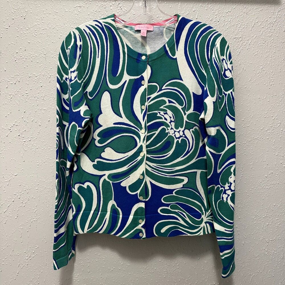 Lilly Pulitzer Crew Neck Cardigan Sz M Green Blue Abstract Art Print Coastal